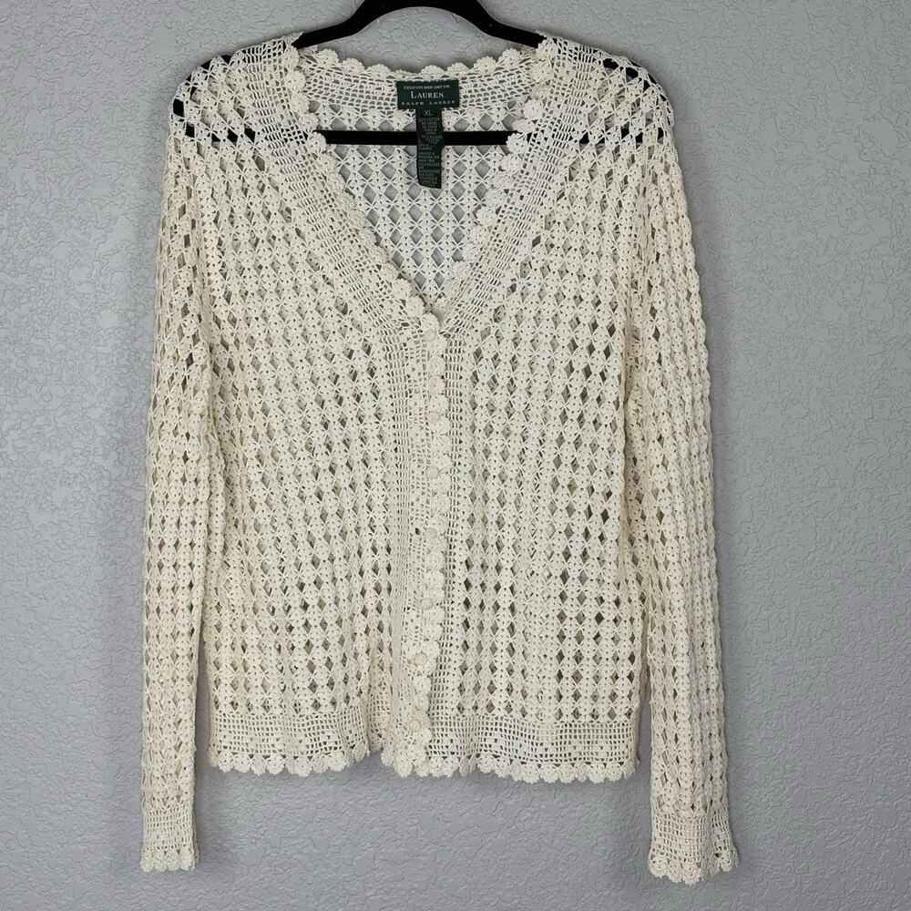 Vtg Y2K Lauren Ralph Lauren Women’s Cardigan Hand Knit Cottagecore Ivory Size XL - Picture 2 of 4